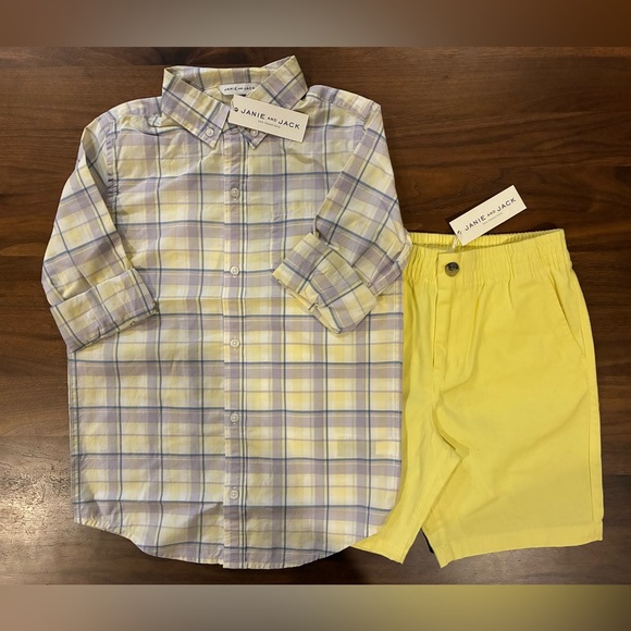 NWT- Janie and Jack Pastel Plaid Button Down Shirt & Twill Short - Picture 1 of 5